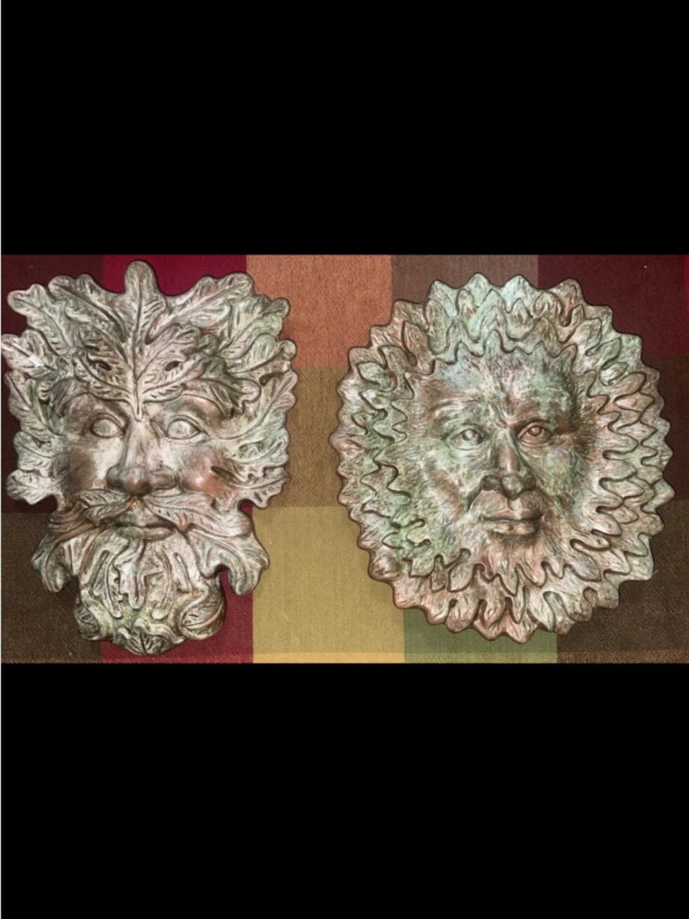 Rustic Greenman & Sun Face Wall Decor Pair in Verdigris Finish